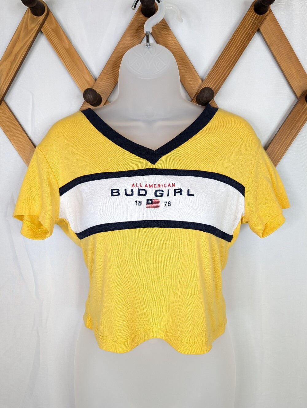 Anheuser-Busch Vintage Bud Girl Y2K Cropped Varsity T-Shirt